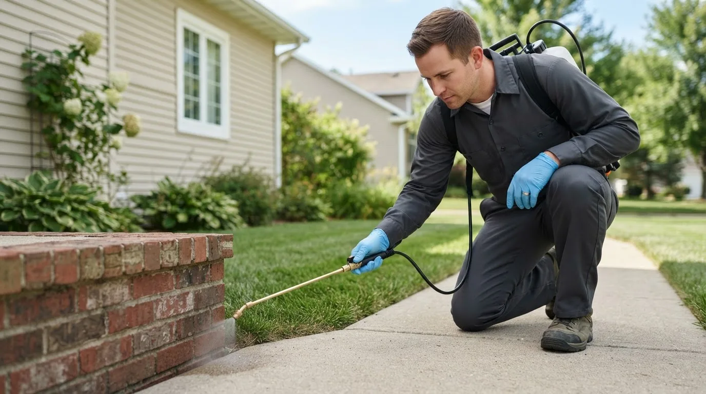 Pest control technician treating a home near East Thetford, VT